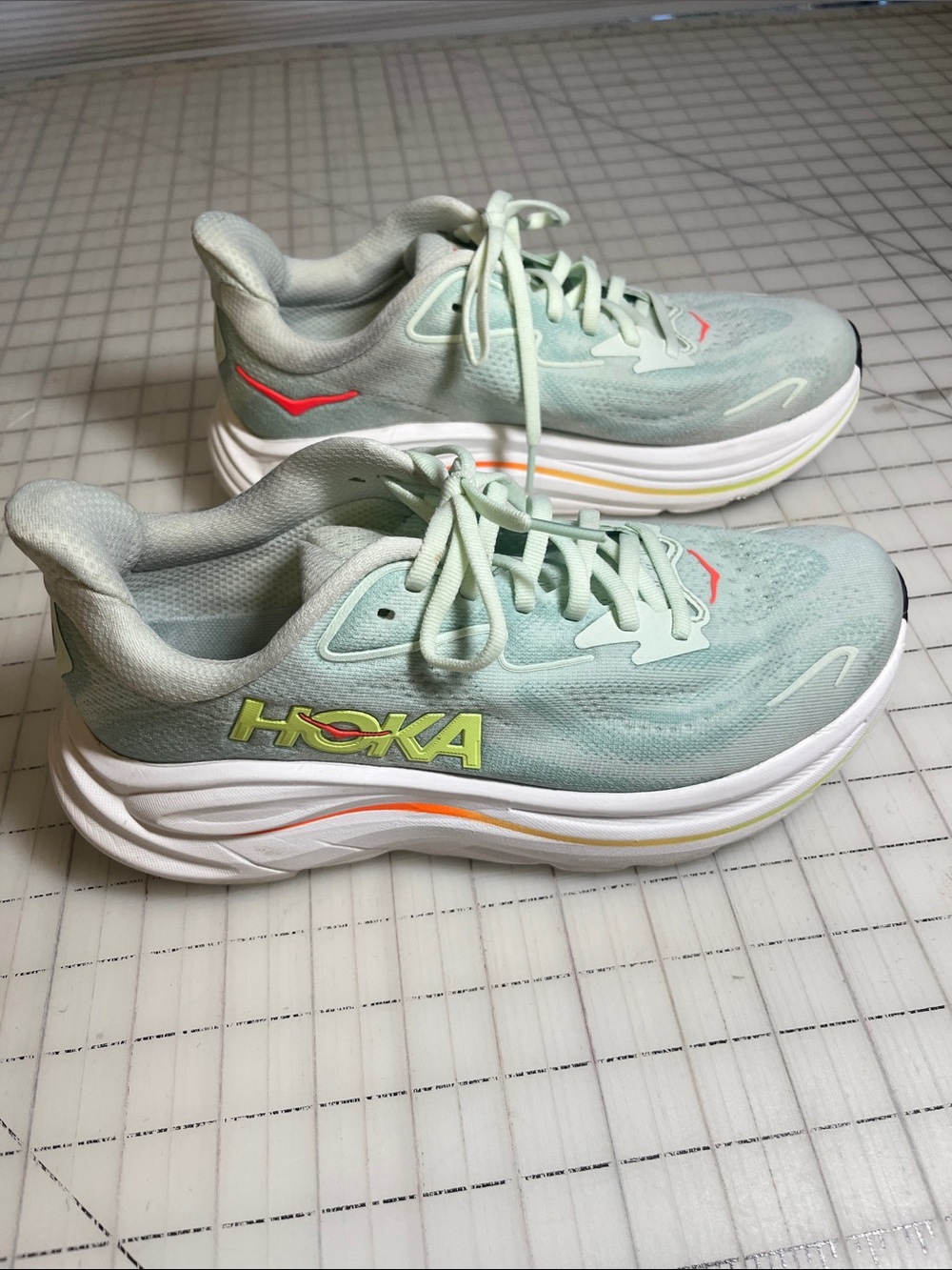 Hoka One One Light Mint Running Shoes with Coral Logo